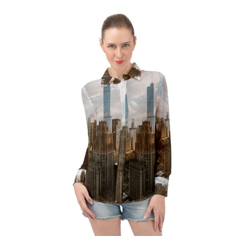 Architectural Design Architecture Buildings City Long Sleeve Chiffon Shirt by Pakrebo