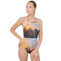 View Of High Rise Buildings During Day Time High Neck One Piece Swimsuit by Pakrebo