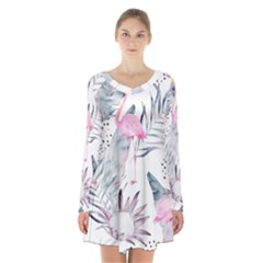 Tropical Flamingos Long Sleeve Velvet V-neck Dress by Sobalvarro