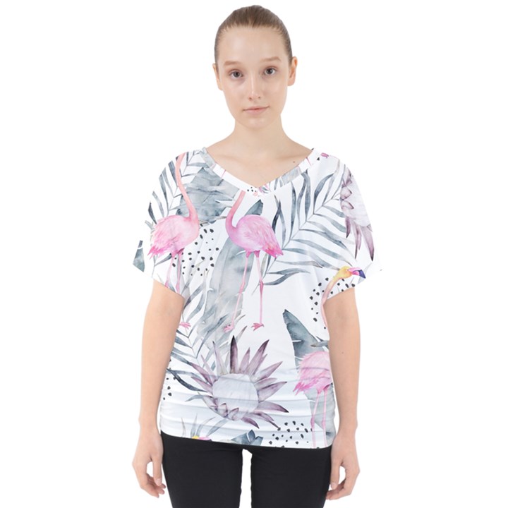 Tropical flamingos V-Neck Dolman Drape Top