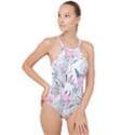 Tropical flamingos High Neck One Piece Swimsuit View1