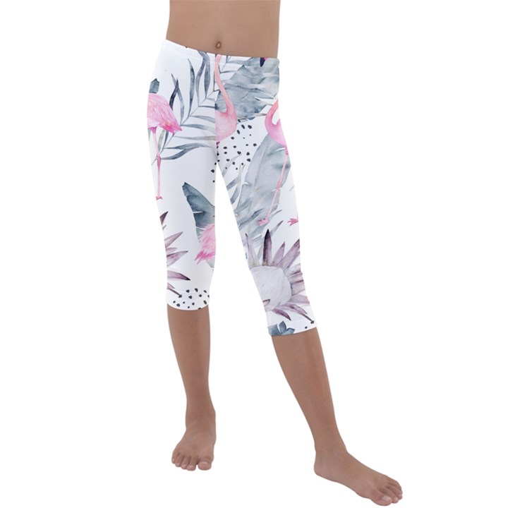 Tropical flamingos Kids  Lightweight Velour Capri Leggings 