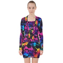 Tie Dye Rainbow Galaxy V-neck Bodycon Long Sleeve Dress by KirstenStar