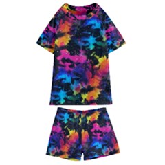 Tie Dye Rainbow Galaxy Kids  Swim Tee And Shorts Set by KirstenStar