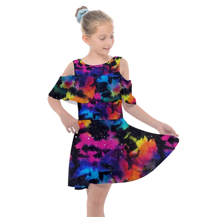 Tie dye rainbow galaxy Kids  Shoulder Cutout Chiffon Dress