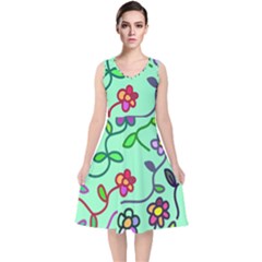 Flowers Floral Plants V-neck Midi Sleeveless Dress  by Bajindul