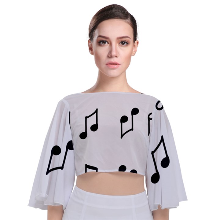 Piano Notes Music Tie Back Butterfly Sleeve Chiffon Top