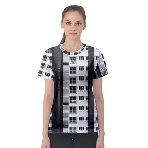 White And Black City Buildings Women s Sport Mesh Tee by Pakrebo