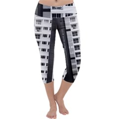 White And Black City Buildings Capri Yoga Leggings by Pakrebo