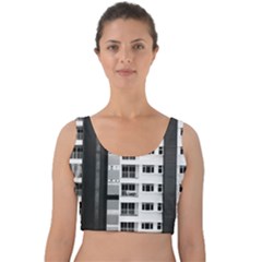 White And Black City Buildings Velvet Crop Top by Pakrebo