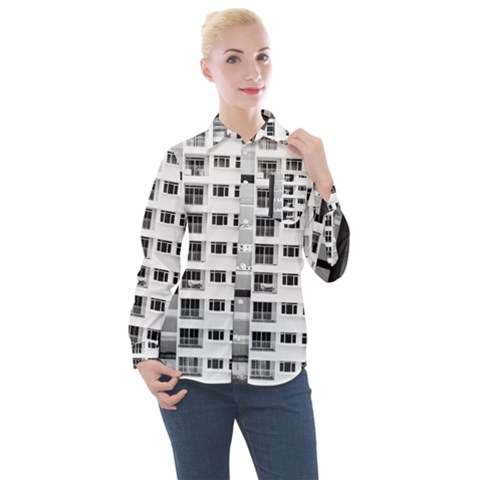 White And Black City Buildings Women s Long Sleeve Pocket Shirt by Pakrebo