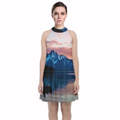 Tree Near Mountain Range Velvet Halter Neckline Dress  by Pakrebo