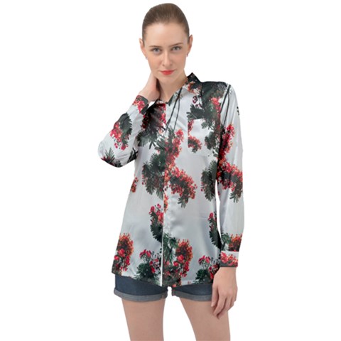 Red Petaled Flowers Long Sleeve Satin Shirt by Pakrebo