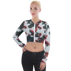 Red Petaled Flowers Long Sleeve Cropped Velvet Jacket by Pakrebo