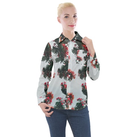 Red Petaled Flowers Women s Long Sleeve Pocket Shirt by Pakrebo