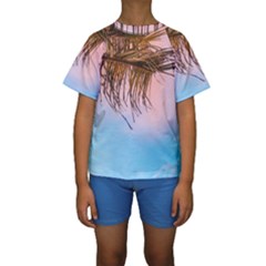 Two Green Palm Leaves On Low Angle Photo Kids  Short Sleeve Swimwear by Pakrebo