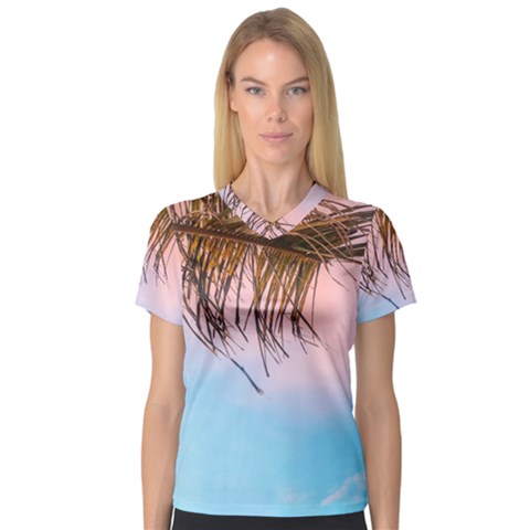 Two Green Palm Leaves On Low Angle Photo V-neck Sport Mesh Tee by Pakrebo