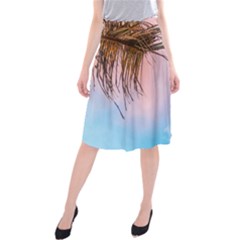 Two Green Palm Leaves On Low Angle Photo Midi Beach Skirt by Pakrebo