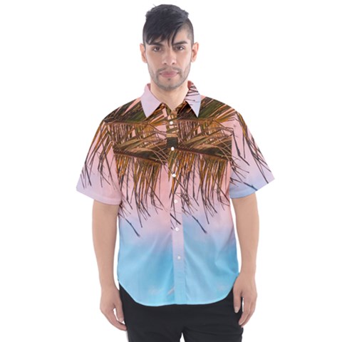 Two Green Palm Leaves On Low Angle Photo Men s Short Sleeve Shirt by Pakrebo