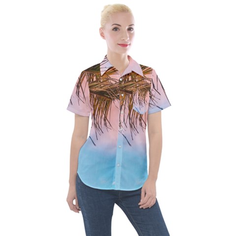 Two Green Palm Leaves On Low Angle Photo Women s Short Sleeve Pocket Shirt by Pakrebo