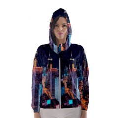 High Rise Buildings With Lights Women s Hooded Windbreaker by Pakrebo