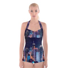 High Rise Buildings With Lights Boyleg Halter Swimsuit  by Pakrebo