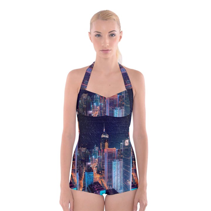 High Rise Buildings With Lights Boyleg Halter Swimsuit 