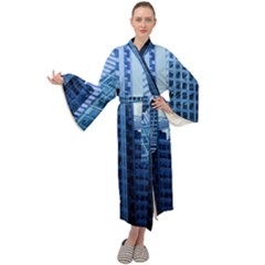 City Blue Building Construction Maxi Tie Front Velour Kimono