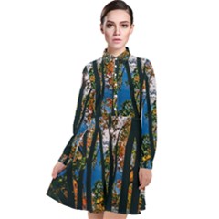 Silhouette Of Trees Long Sleeve Chiffon Shirt Dress