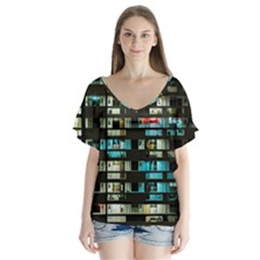 Architectural Design Architecture Building Cityscape V-neck Flutter Sleeve Top by Pakrebo