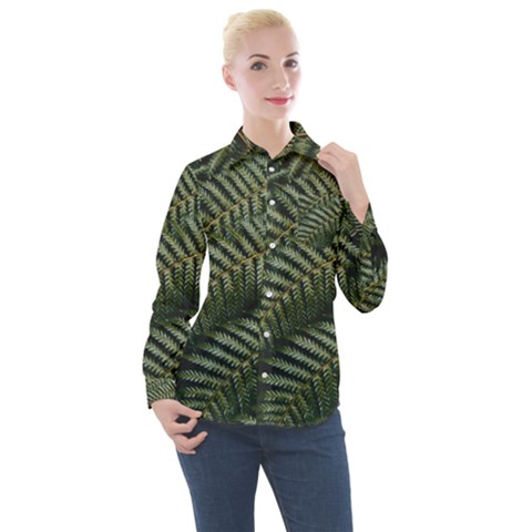 Green Leaves Photo Women s Long Sleeve Pocket Shirt by Pakrebo