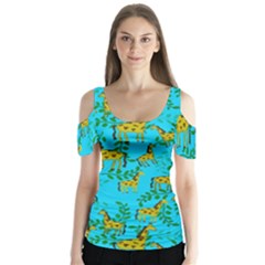 Cute Giraffes Pattern Butterfly Sleeve Cutout Tee 