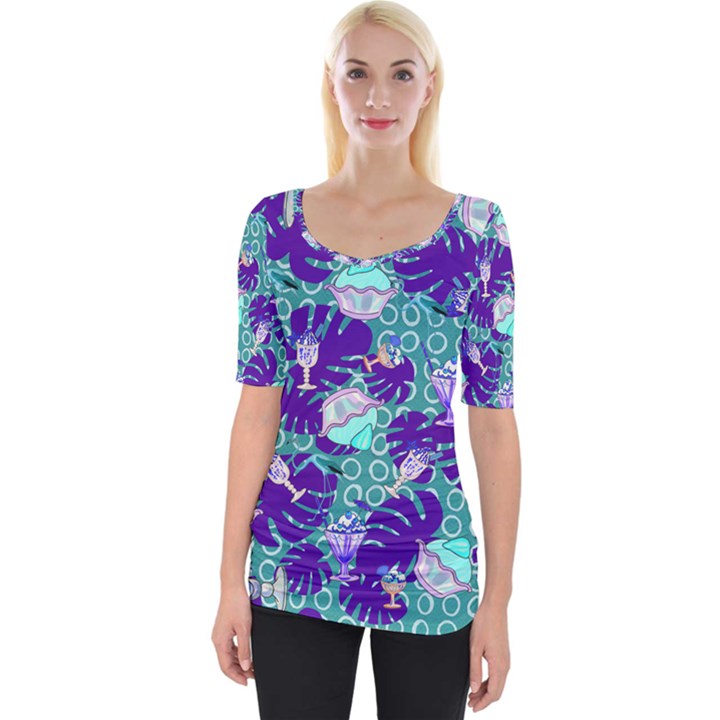 Ice Cream Tropical Pattern Blue Wide Neckline Tee