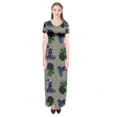 Gothic Girl Rose Grey Pattern Short Sleeve Maxi Dress