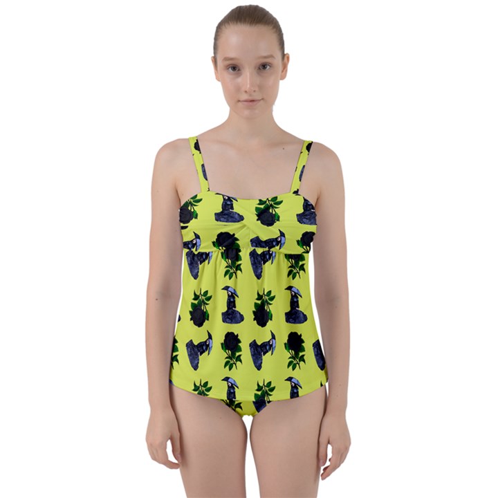 Gothic Girl Rose Yellow Pattern Twist Front Tankini Set