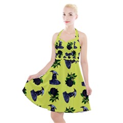 Gothic Girl Rose Yellow Pattern Halter Party Swing Dress 