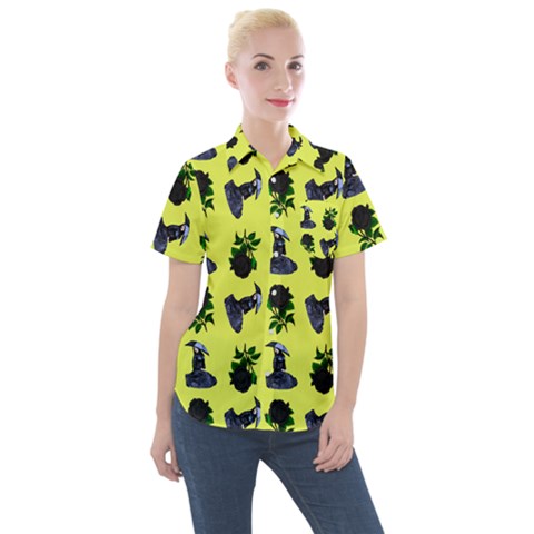 Gothic Girl Rose Yellow Pattern Women s Short Sleeve Pocket Shirt by snowwhitegirl