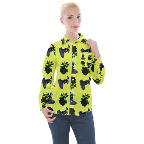 Gothic Girl Rose Yellow Pattern Women s Long Sleeve Pocket Shirt by snowwhitegirl