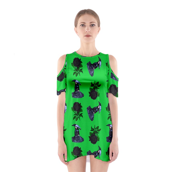 Gothic Girl Rose Green Pattern Shoulder Cutout One Piece Dress