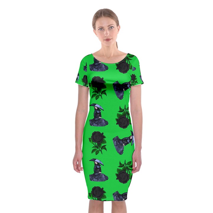 Gothic Girl Rose Green Pattern Classic Short Sleeve Midi Dress