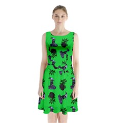 Gothic Girl Rose Green Pattern Sleeveless Waist Tie Chiffon Dress by snowwhitegirl