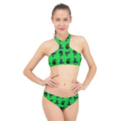 Gothic Girl Rose Green Pattern High Neck Bikini Set by snowwhitegirl