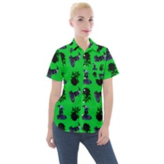 Gothic Girl Rose Green Pattern Women s Short Sleeve Pocket Shirt