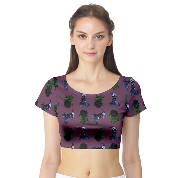 Gothic Girl Rose Mauve Pattern Short Sleeve Crop Top