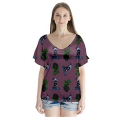 Gothic Girl Rose Mauve Pattern V-neck Flutter Sleeve Top by snowwhitegirl