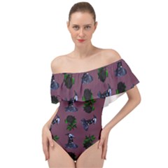 Gothic Girl Rose Mauve Pattern Off Shoulder Velour Bodysuit 