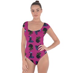 Gothic Girl Rose Pink Pattern Short Sleeve Leotard 