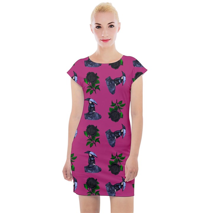 Gothic Girl Rose Pink Pattern Cap Sleeve Bodycon Dress