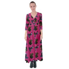 Gothic Girl Rose Pink Pattern Button Up Maxi Dress