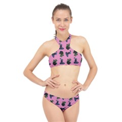 Gothic Girl Rose Light Pink Pattern High Neck Bikini Set by snowwhitegirl